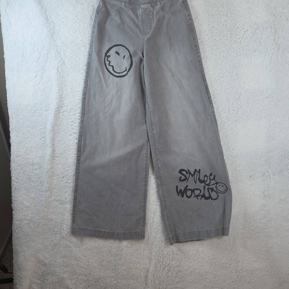 H&M Women's Pull-On Smiley World Stretch Wide Leg Jeans Light Gray Wash Size 12‎